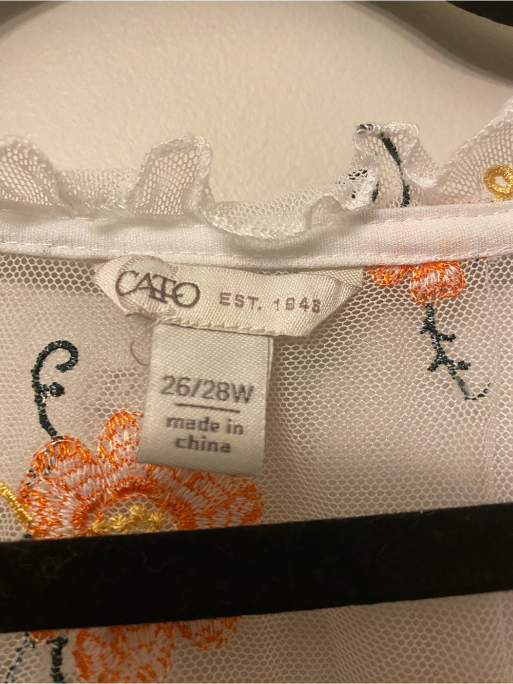 Cato White Sheer Blouse with Orange and Yellow Floral Embroidery - Picture 2 of 3